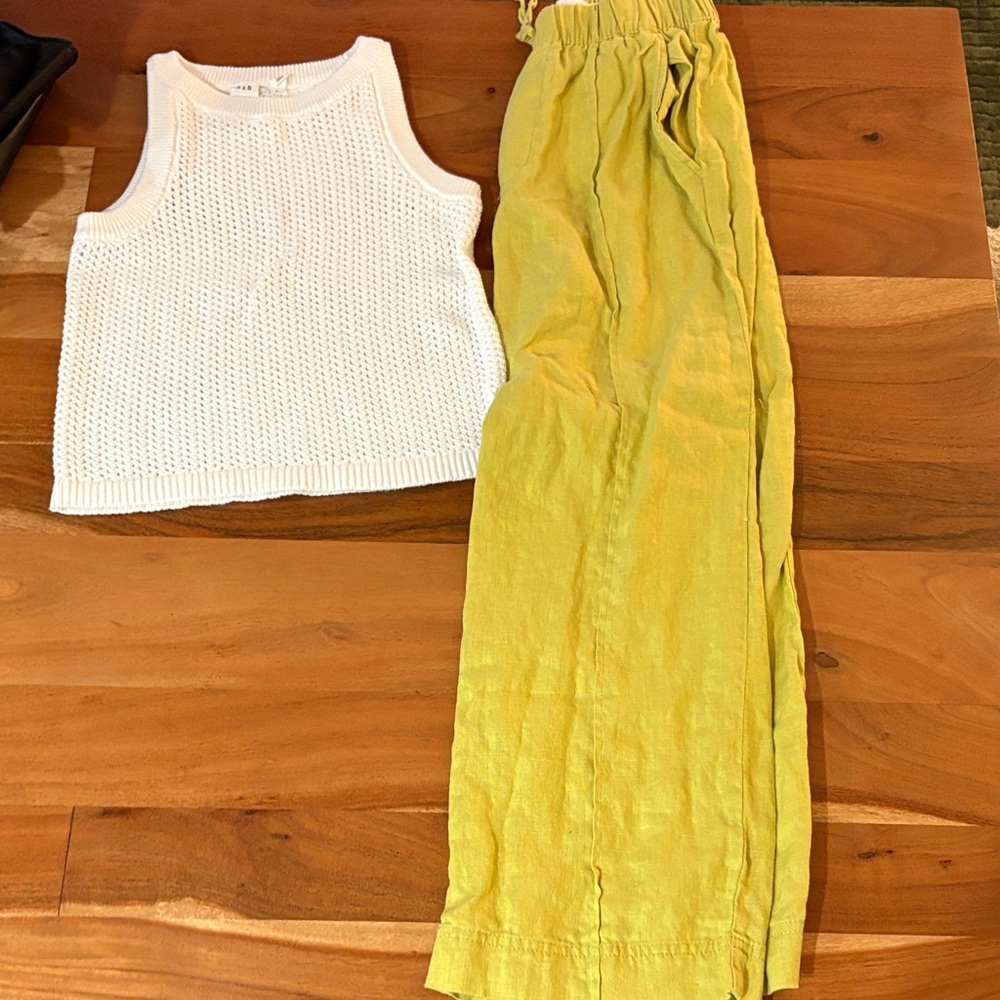 Gap White Knit Tank Top and Zara Yellow/Green Linen Pants Set Size Large